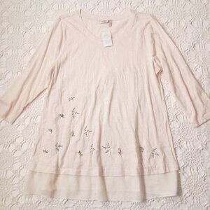 New LOGO T Shirt Ivory Cream Knit Floral Embroidery Beaded A Line Large Women L